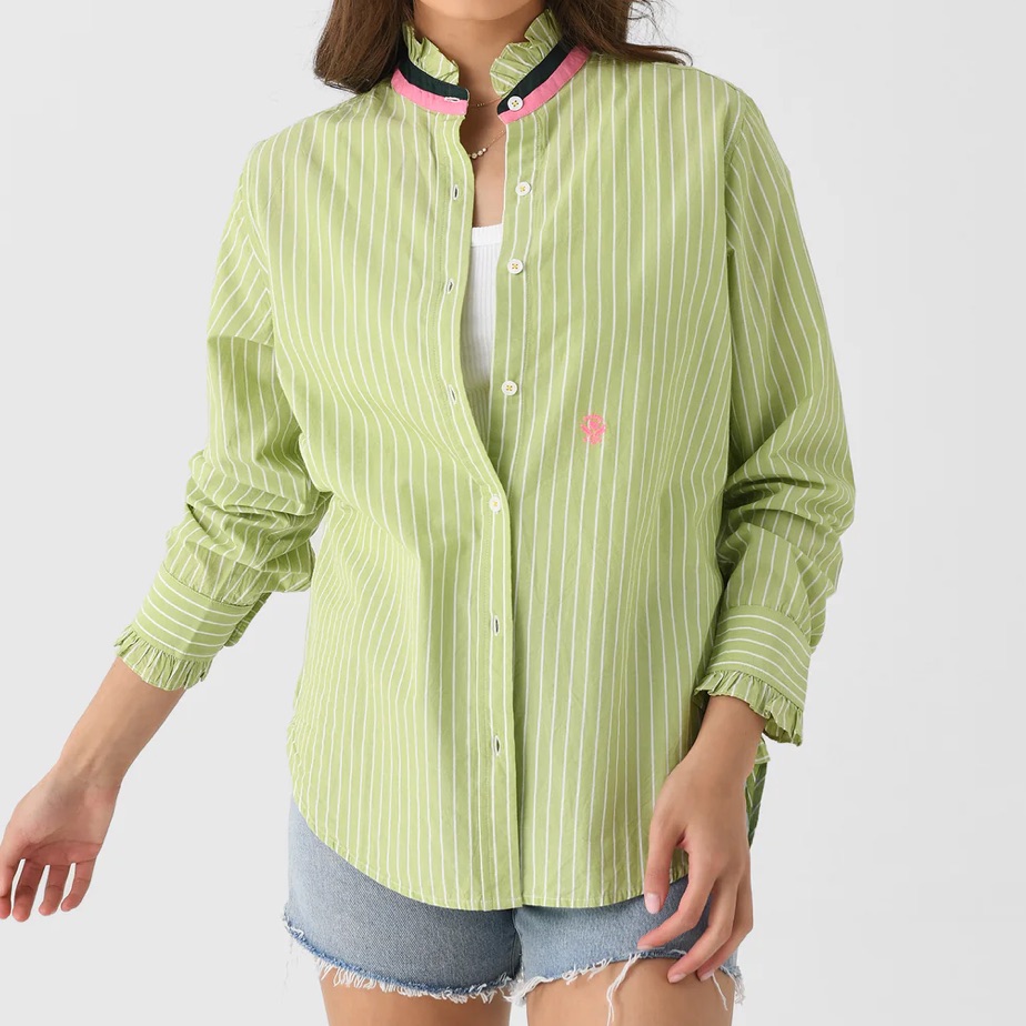 Nwt $248 Sz Xs Kerri Rosenthal Green Mia Stripe Ruffle Shirt Blouse